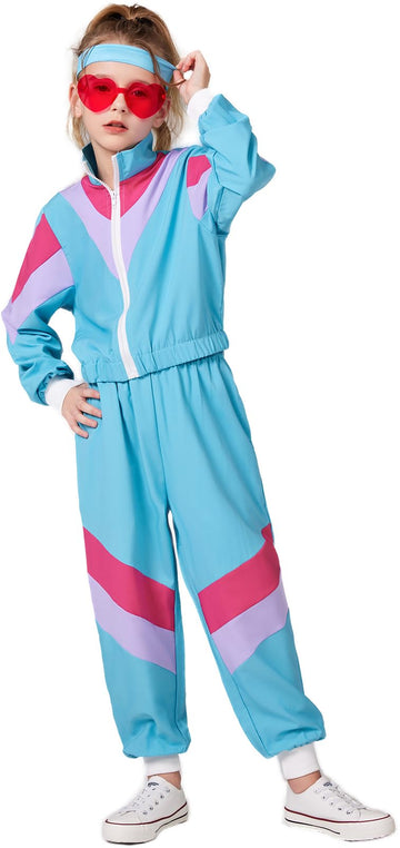 SIZGAROOT 80s 90s Retro Windbreaker Set Girls Workout Costume Outfit Track Suit for Girls (Blue, 7-8 Years)