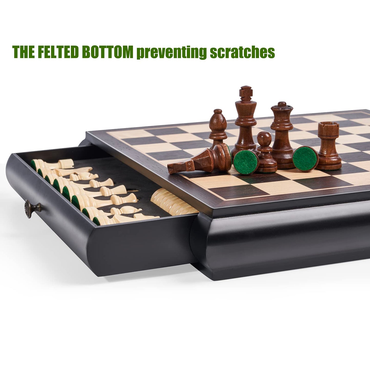 Vamslove Wooden Chess Checkers Game Set 15.5' Large Size Board W/Storage Drawers, Weighted Chess Pieces - 2 Extra Queens 3' King, Gift For Birthday Housewarming Retirement - Black