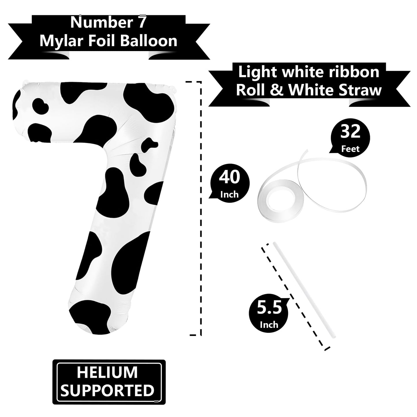 40 Inch Cow Print Balloon, Number 7 Balloons Cow Balloons For 7St Birthday Decoration, Large Cow Number Balloons For Western Par