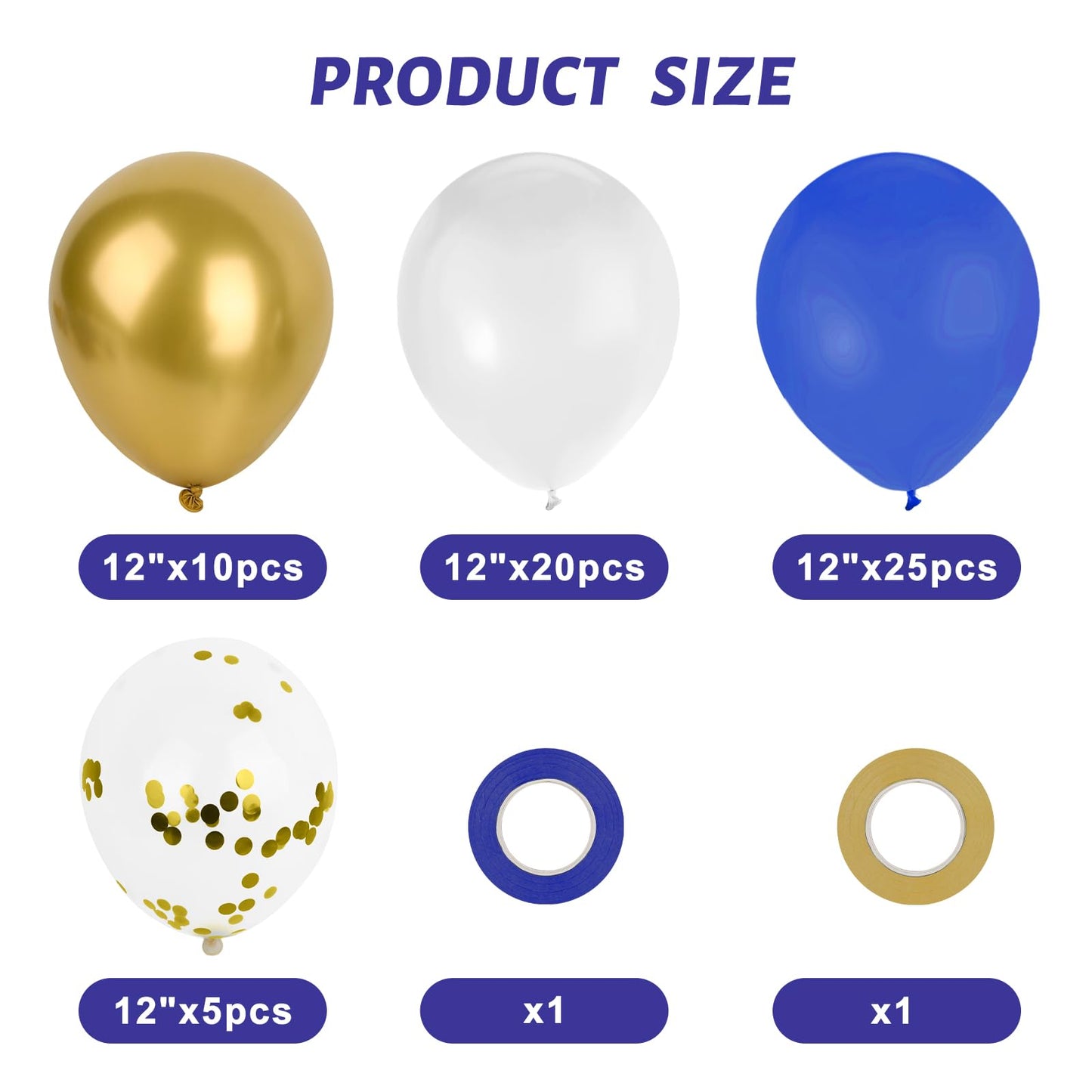 Lovestown 60Pcs Blue Gold Balloons, 12 Inches White Royal Blue Confetti Latex Balloons With Ribbon For Graduation Birthday Backdrop Wedding Baby Shower Engagement Party