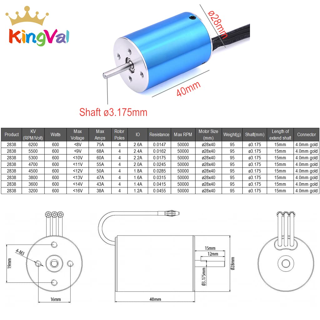 KingVal Replacement 2838 5300KV Sensorless Brushless Motor Shaft 3.175mm with 45A Brushless ESC Combo Compatible with 1/14 1/16