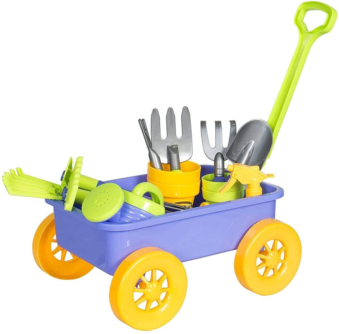 deAO Kids Garden Wagon Wheelbarrow Play Set - 10 Accessories, 4 Plant Pots, Blue Plastic - Great Outdoor Toddler Gardening Toys