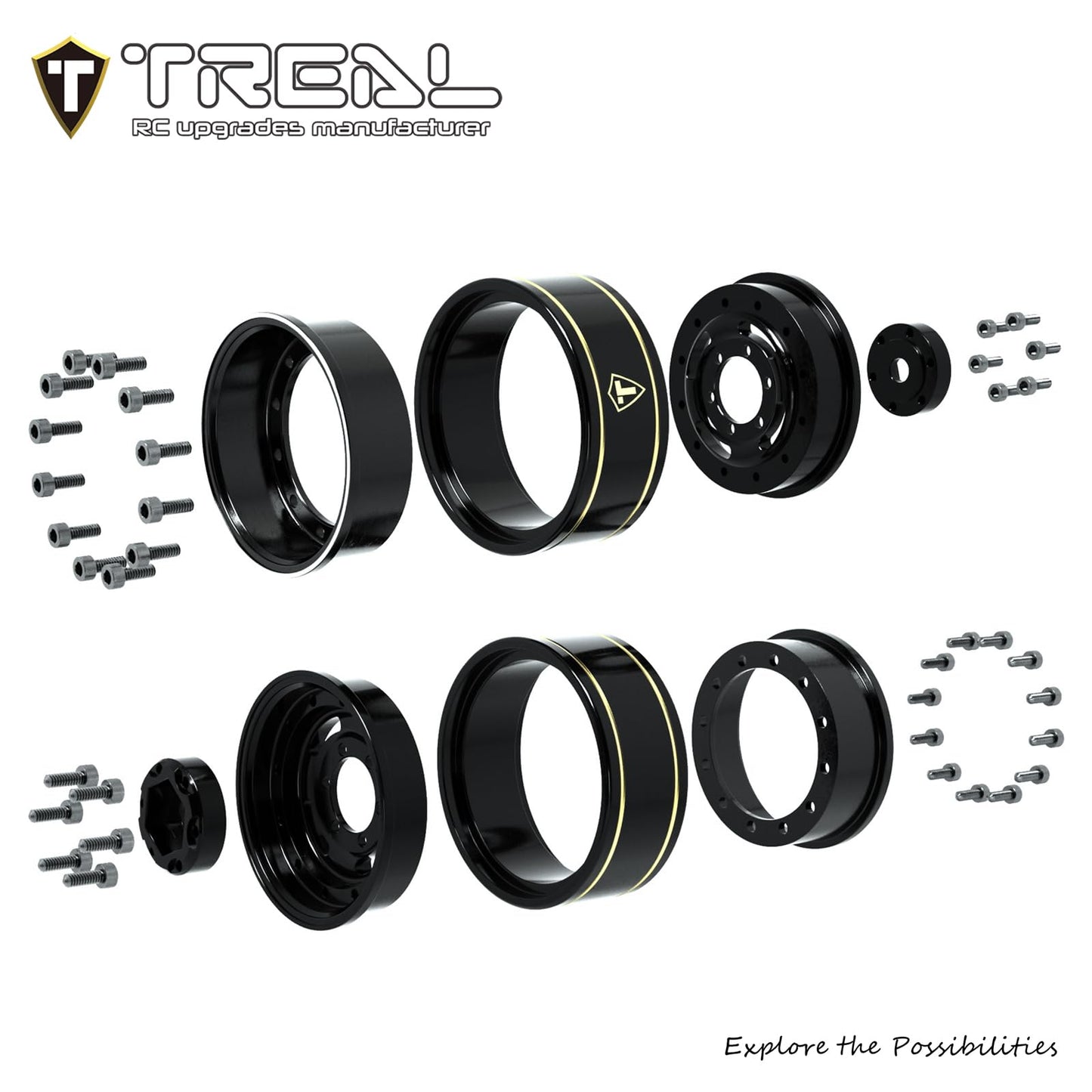 Treal 1.0 Beadlock Wheels Deep Dish Rims (4P) For Scx24 Ax24 Fcx24 Trx4M 1/24 1/18 Crawler Car-Type F(Black)