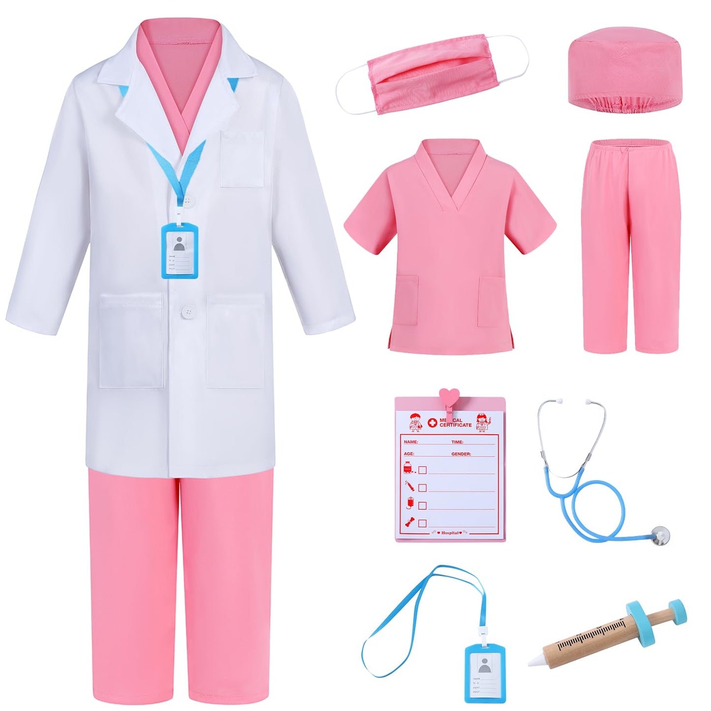 Aoiviss Doctor Costume for Kids Scrubs Pretend Play Kit with Doctor Lab Coat and Stethoscope Halloween Doctor Dress up for Boys Girls  Pink