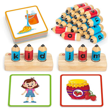 Coogam Wooden Short Vowel Spelling Games  Learn to Spell CVC Sight Words Educational Flashcards Fine Motor Montessori Alphabet Toy Gift for Kids 3 4 5 Years Old