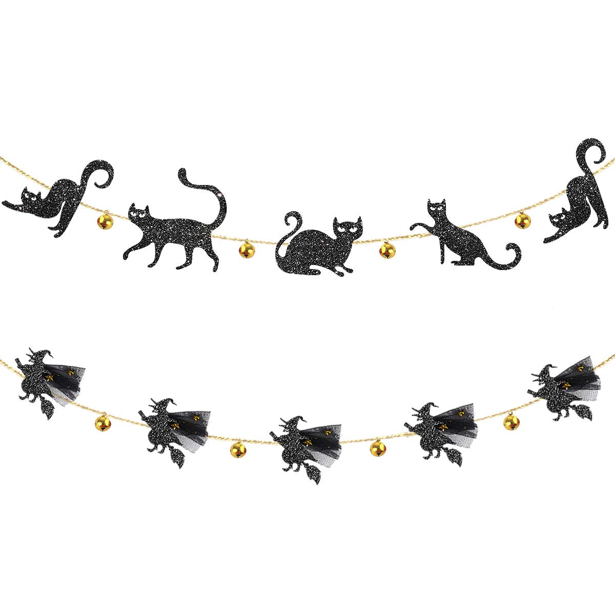Pinkblume Halloween Party Decorations Kit Jingle Bell Black Cat Banner And 3D Flying Witches Garland For Happy Halloween Theme C