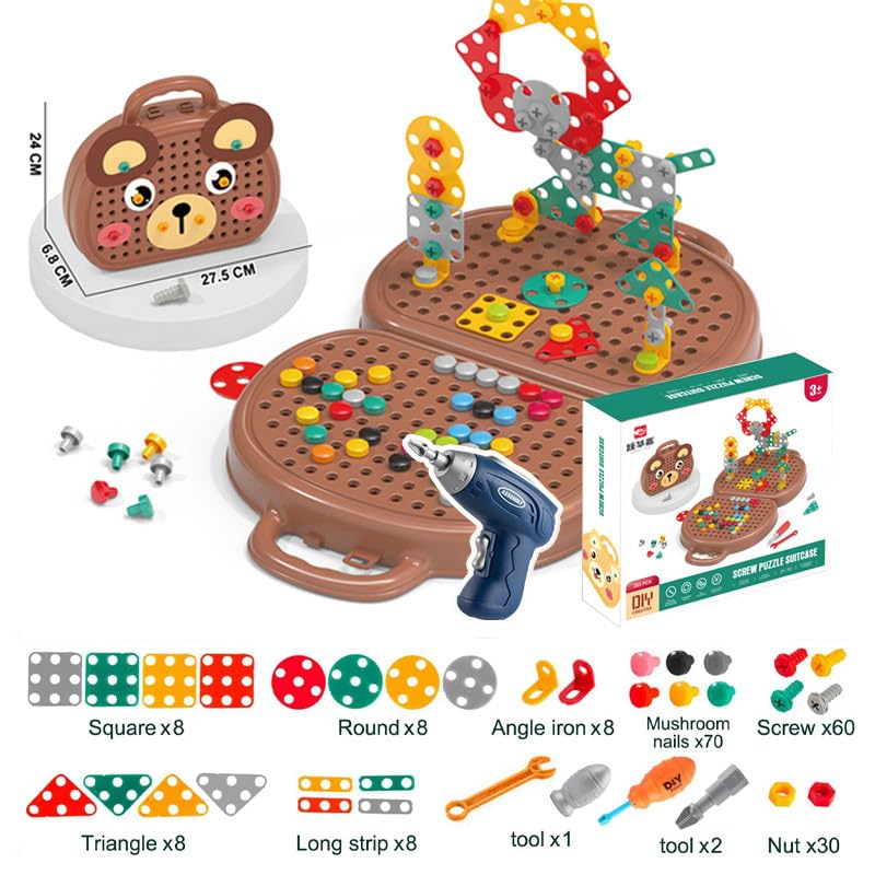 OFIGAS Magic Montessori Play Toolbox, Magic Montessori Play Toolbox Bear, 204 PCS Creative Mosaic Puzzle Toy with Electric Drill