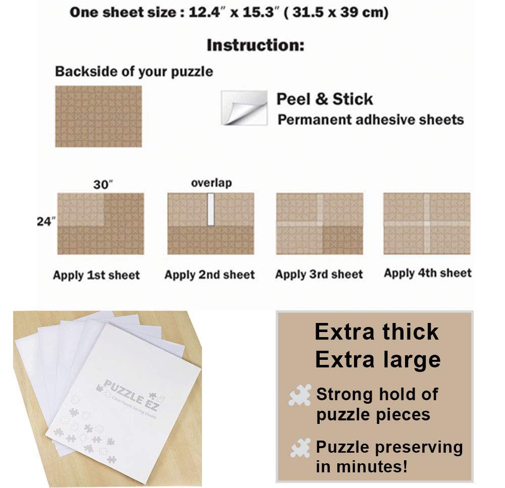 PUZZLE EZ Extra Large Clear Puzzle Glue Sheets - 4 Peel and Stick Sheets for 1000 Piece Puzzles, Model DU-HASI-Q3FJ