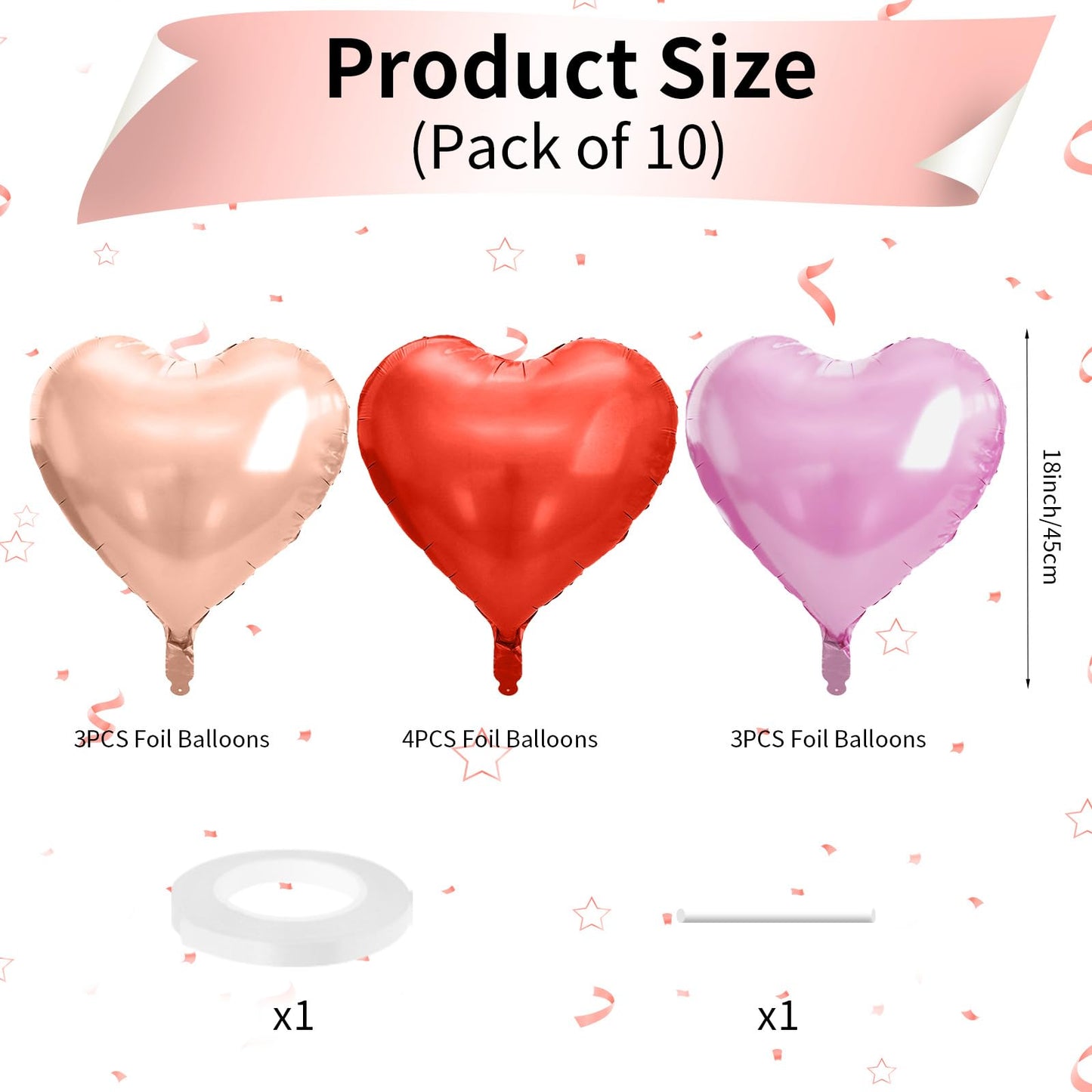 Rose Gold And Pink Heart Balloons, 18 Inch Red Pink Heart Shape Balloons Foil, 10 Pcs Red Light Pink Heart Balloon For Girls Wom
