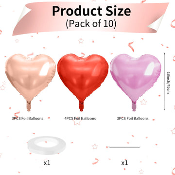 Rose Gold And Pink Heart Balloons, 18 Inch Red Pink Heart Shape Balloons Foil, 10 Pcs Red Light Pink Heart Balloon For Girls Wom