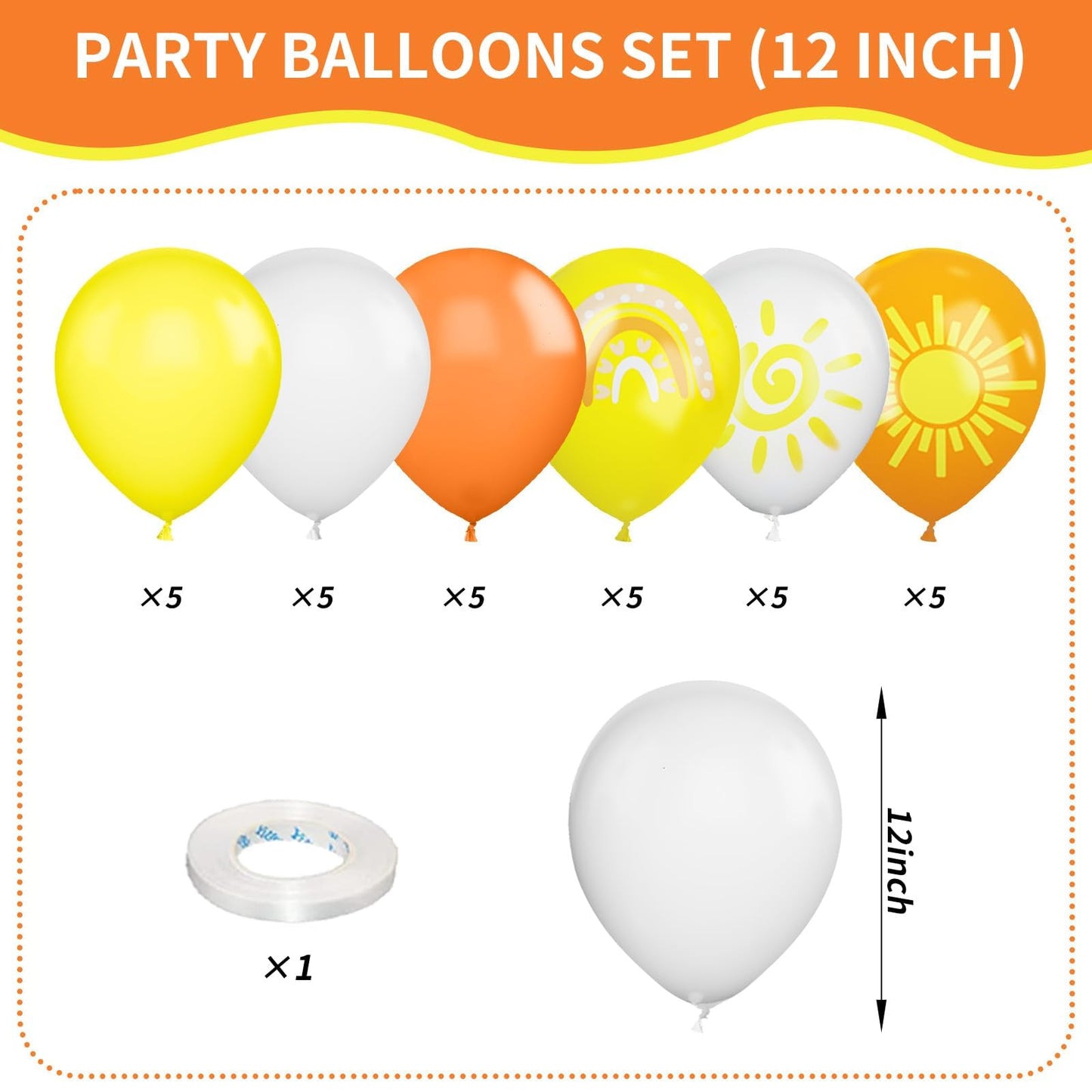 Sun Balloons, 12 Inch Yellow Orange White Latex Balloons Boho Rainbow Sunrise Printed Latex Balloons Half Sun Sunshine Balloons