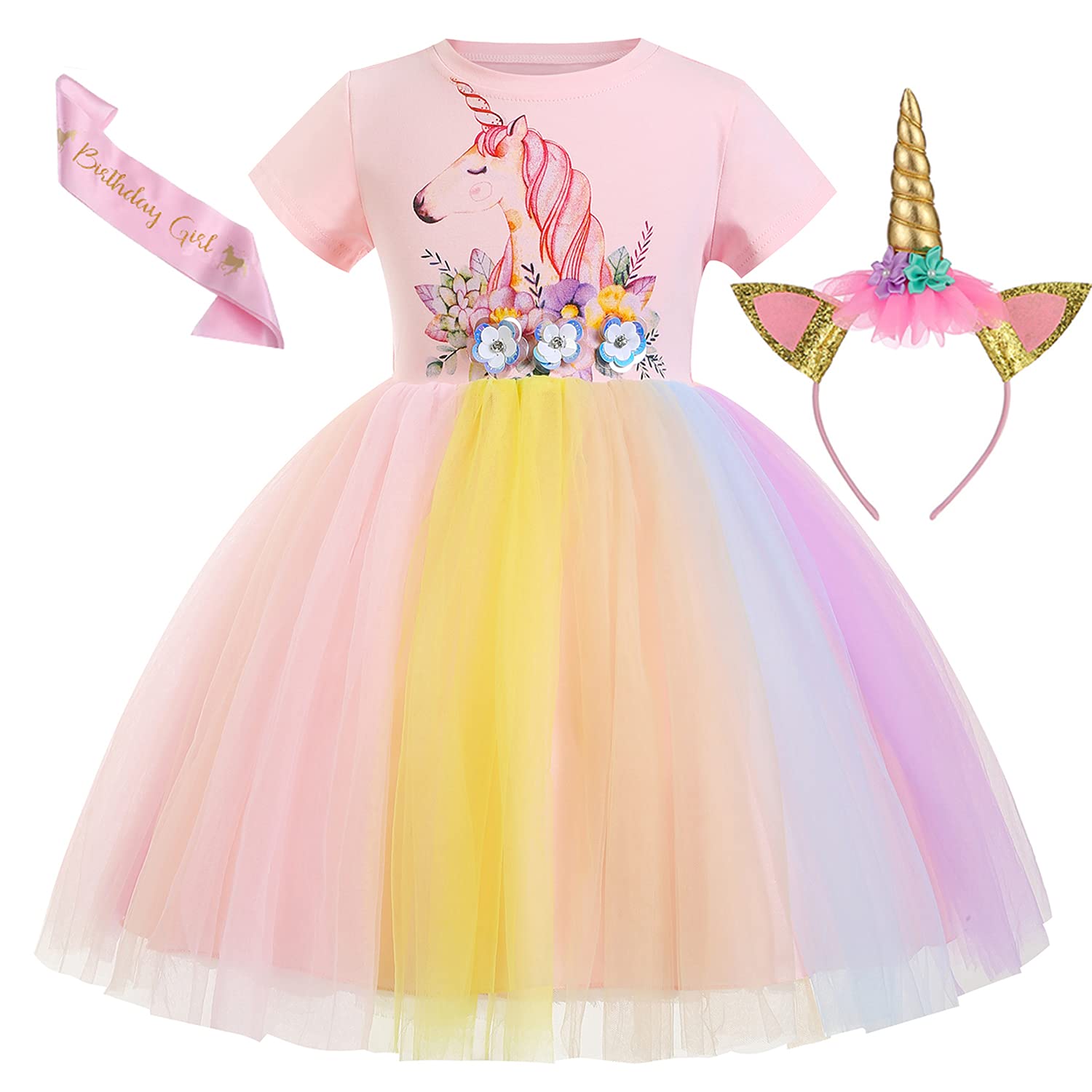 Chektin Unicorn Dress For Girls Tutu Dress Unicorn Costume Pageant Princess With Unicorn Headband & Satin Sash