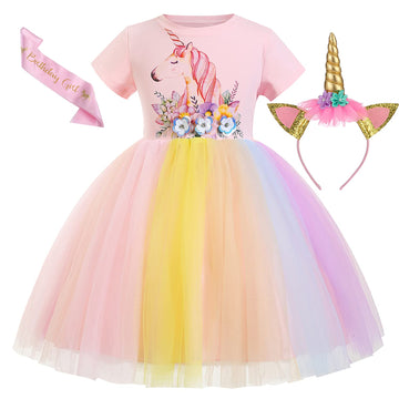 Chektin Unicorn Dress For Girls Tutu Dress Unicorn Costume Pageant Princess With Unicorn Headband & Satin Sash