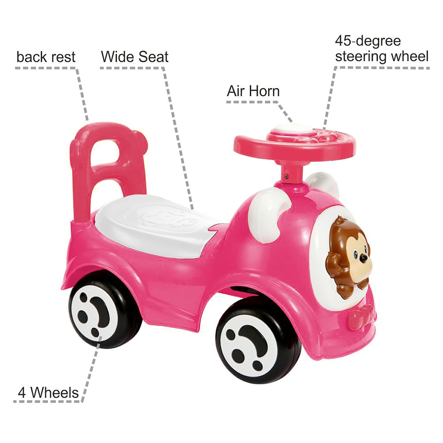 Trimate Push & Ride Racer - Pink & Monkey Toddler Ride-On Foot-to-Floor Car with Push Handle Air Horn Toy for Ages 1-2