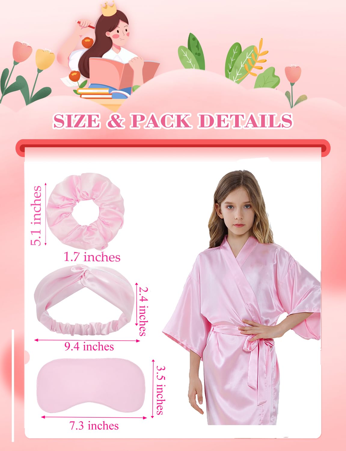 Kid Girls Spa Costume Party Set with Eyemask Hairband Hair Ring  Silky Plain Kimono Robes for Wedding Flower Robe (Pink  Tag 8)