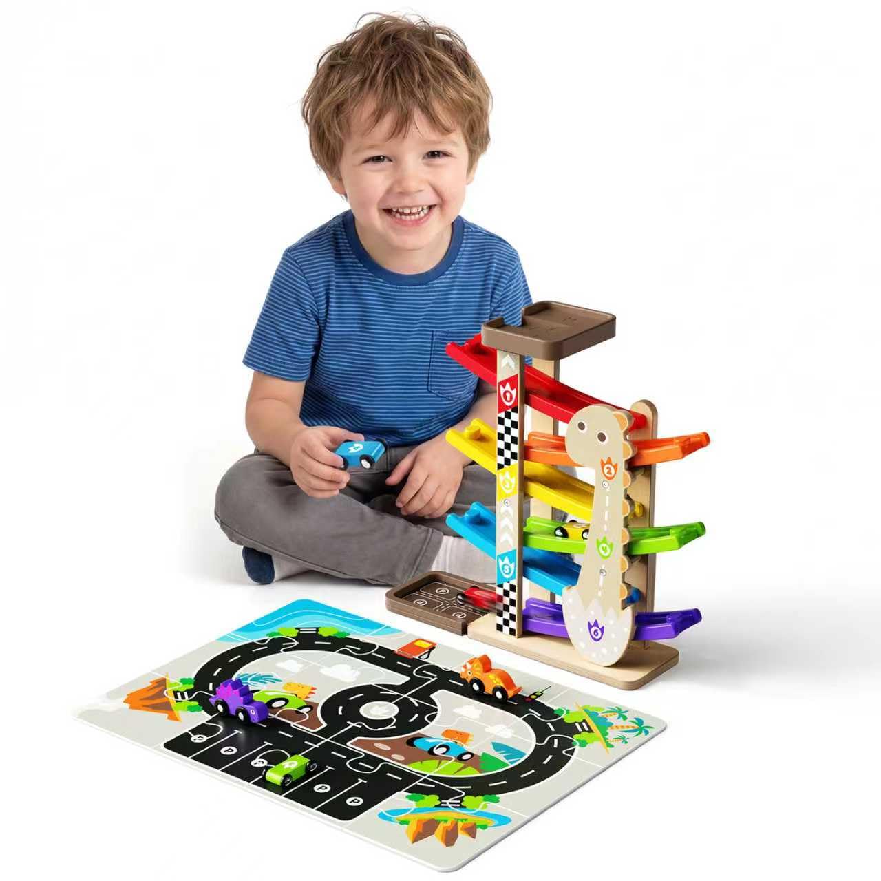 Paisure Wooden Car Ramp Toy for Toddlers 1-3, 6 Level Wooden Car Ramp Racer Toys with 6Mini Cars & Garages, Montessori Toys for 