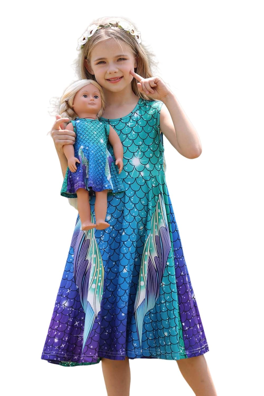 Bow Dream Girl Dress and Matching American Girl Doll Clothes Accessories Rainbow Mermaid Unicorn Size 110