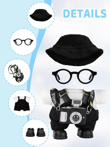 17cm Doll Clothes - 6-Piece Set  Hat + Overalls + Shirt + Camera + Glasses + Shoes  Cute and enhanced Dolls Outfit Accessories (Black)