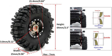HOBBYSOUL RC 64 * 25mm 1.0 Mud Slingers Tires Soft Sticky Tyres & Heavy 1.0 beadlock Wheels Adjustable Offset Rims for RC Rock C