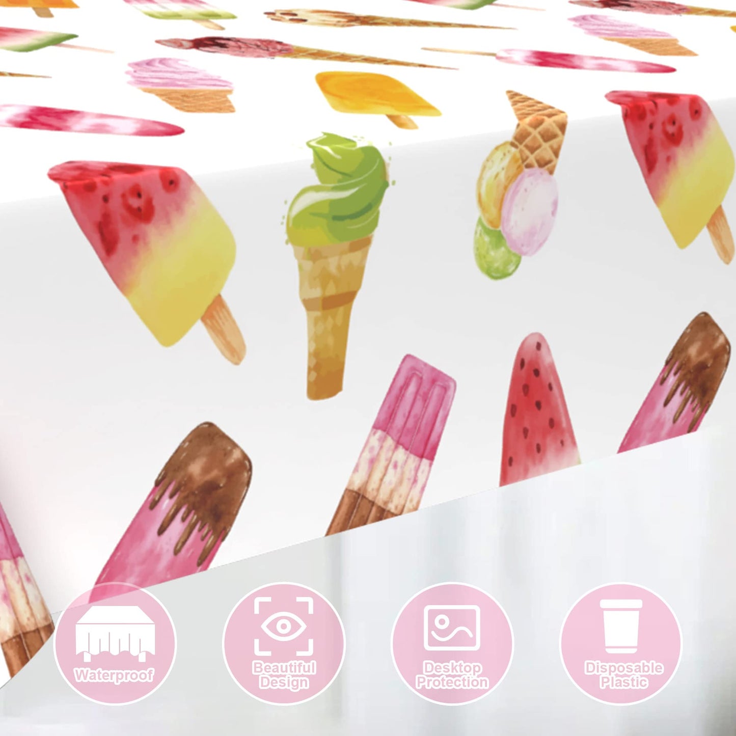 Lianxuia 3 Pieces Ice Cream Plastic Tablecloth, 51 X 86 Inch Ice Cream Party Table Cover, Ice Cream Party Decorations, Suitable