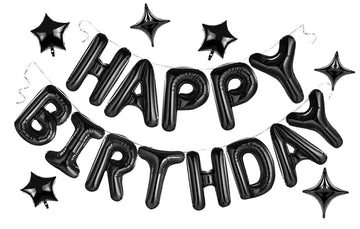 Black Happy Birthday Balloons Banner, 3D Mylar Foil Letter Birthday Balloons With 6Pcs Star Balloons, Birthday Party Decorations