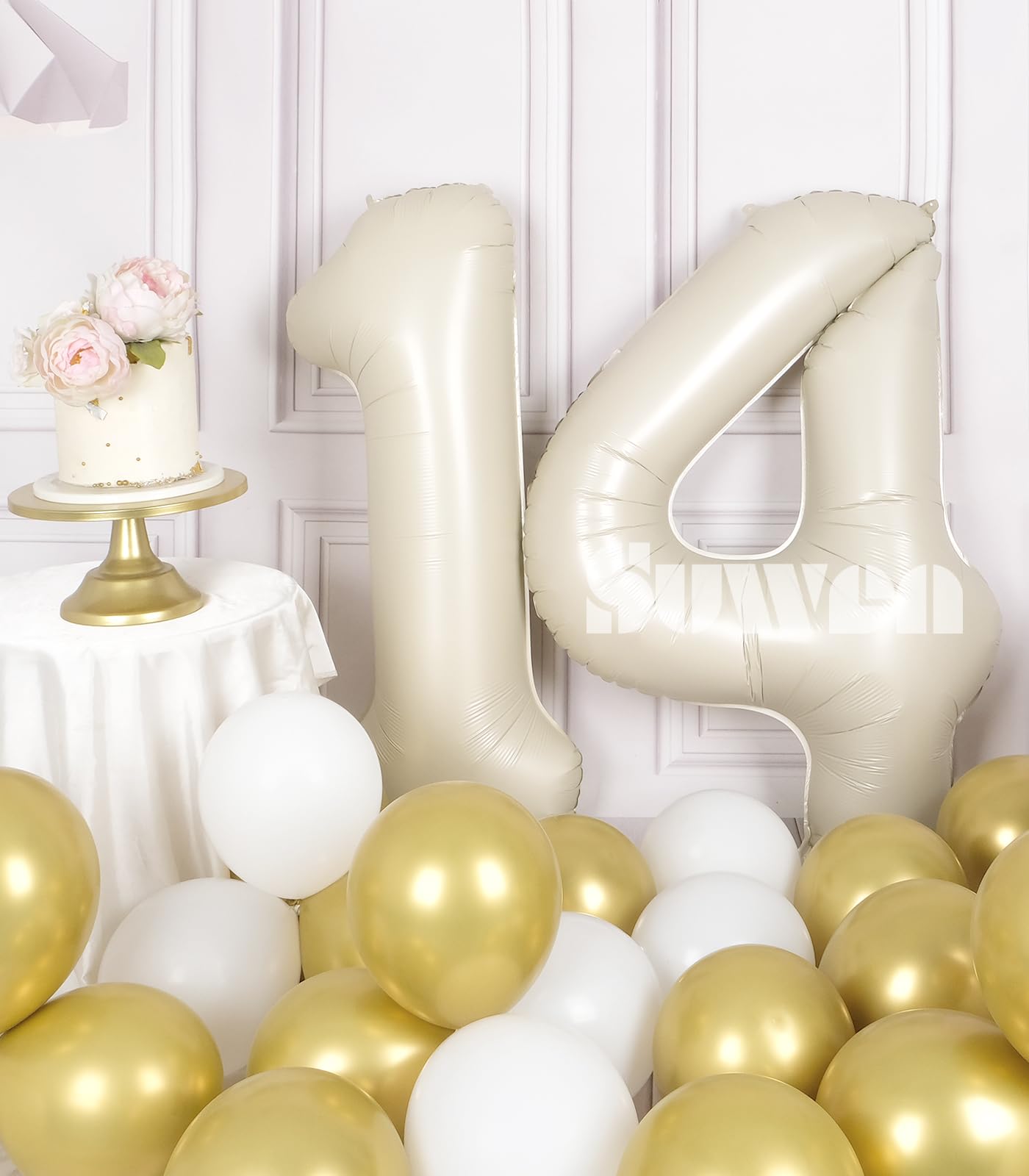 Suwen 40 Inch Cream White Large 14 Number Balloons Big Foil Helium Number Balloons 0-9 Jumbo Happy 14Th Mylar Birthday Party Dec