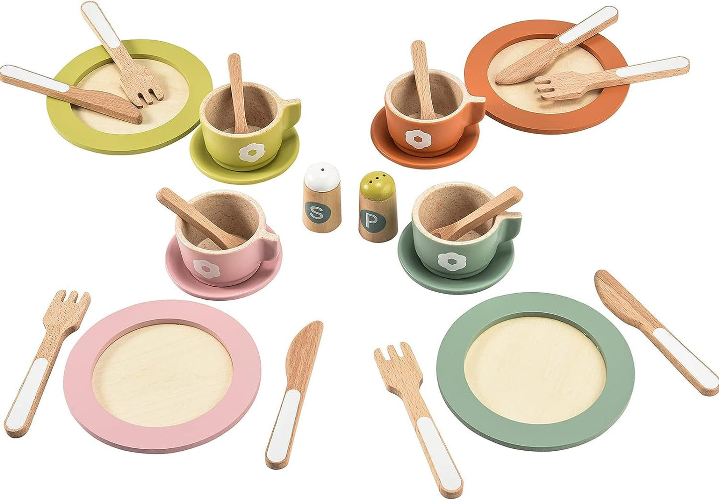 Giant bean 27PCS Wooden Toy Plates and Dishes for Kitchen Set,Montessori Kitchen Toys for Girls and Boys, Wooden Play Kitchen Ac