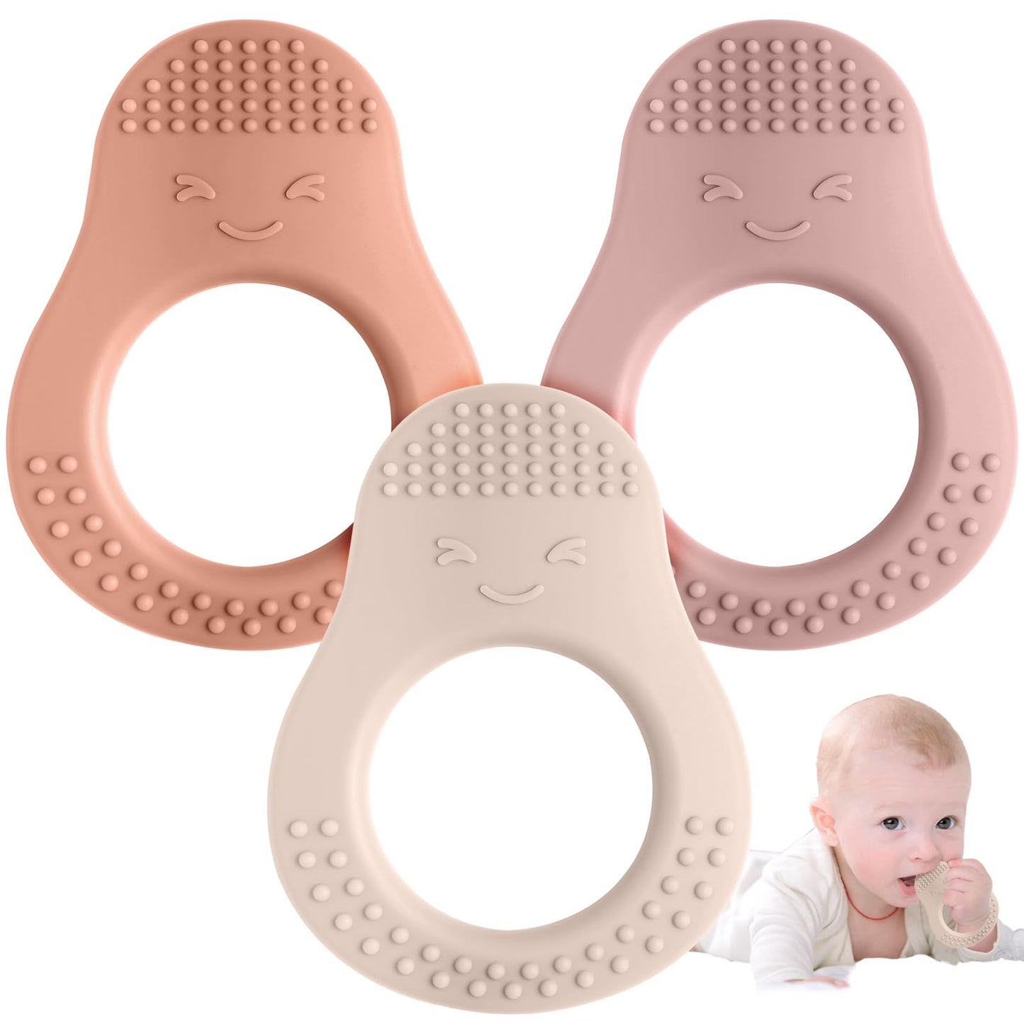 Eascrozn 3 Pack Baby Teething Toys, Food Grade Silicone Teethers For Babies 3-6 6-12 Months, Avocado Shape Baby Teether With Eas