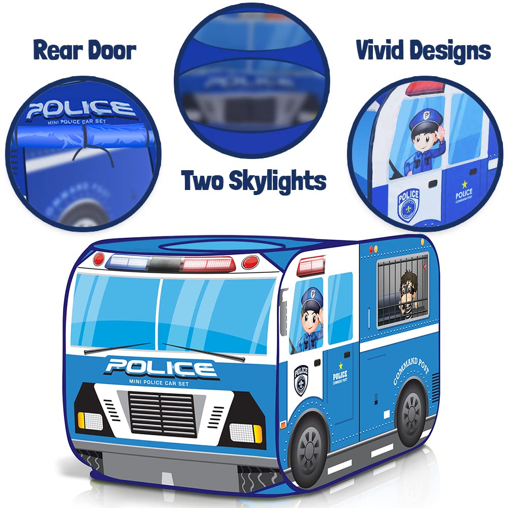Artcreativity Police Car Tent With Carry Bag, Pop Up Indoor Tent For Kids, Police Officer Indoor Playhouse With 2 Openings, Flat-Folding Kids Play Tent For Compact Storage, 43.5 X 28 X 26.5 Inches