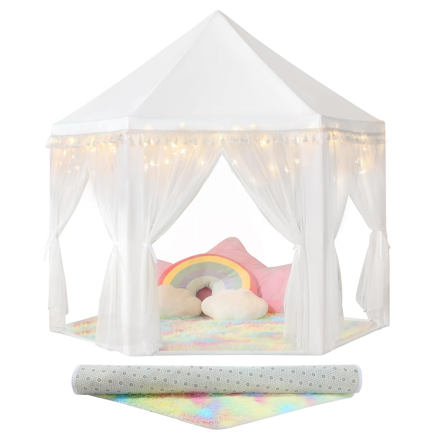 Senodeer Princess Tent For Girls Indoor: With Rainbow Rug, Star Lights - White Play Tent For Kids, Girls Toys For Indoor Princess Games