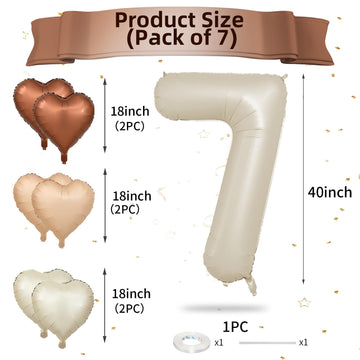 Biapian 40 Inch Cream White Number 7 Balloons, Beige White Large Number 7 Balloons With 18'' Cream Foil Heart Balloons Helium Fo