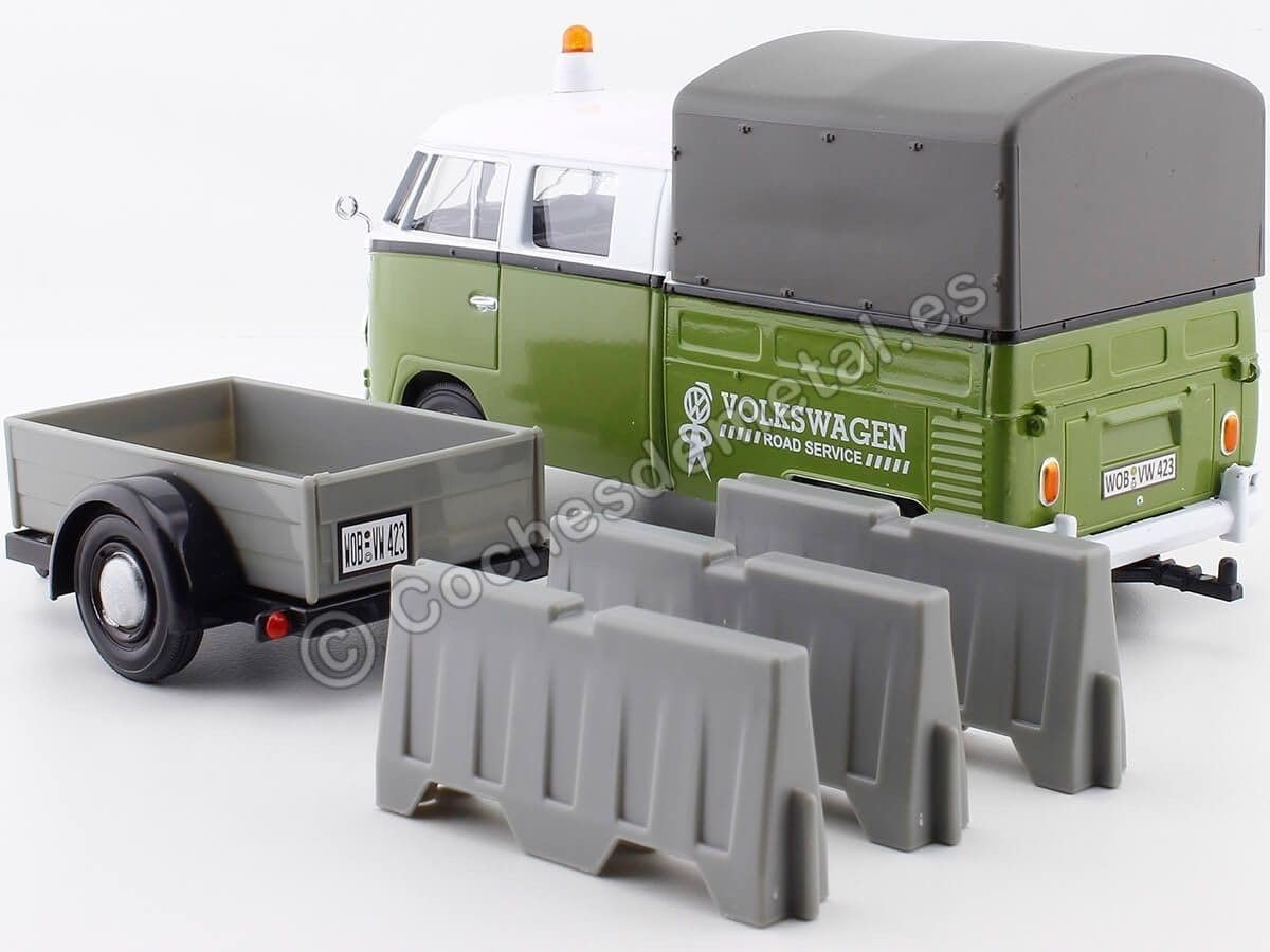 Motormax 79676 Volkswagen T1 Pickup with Canopy Green & White with Trailer Road Service 1-24 Scale Diecast Model Car