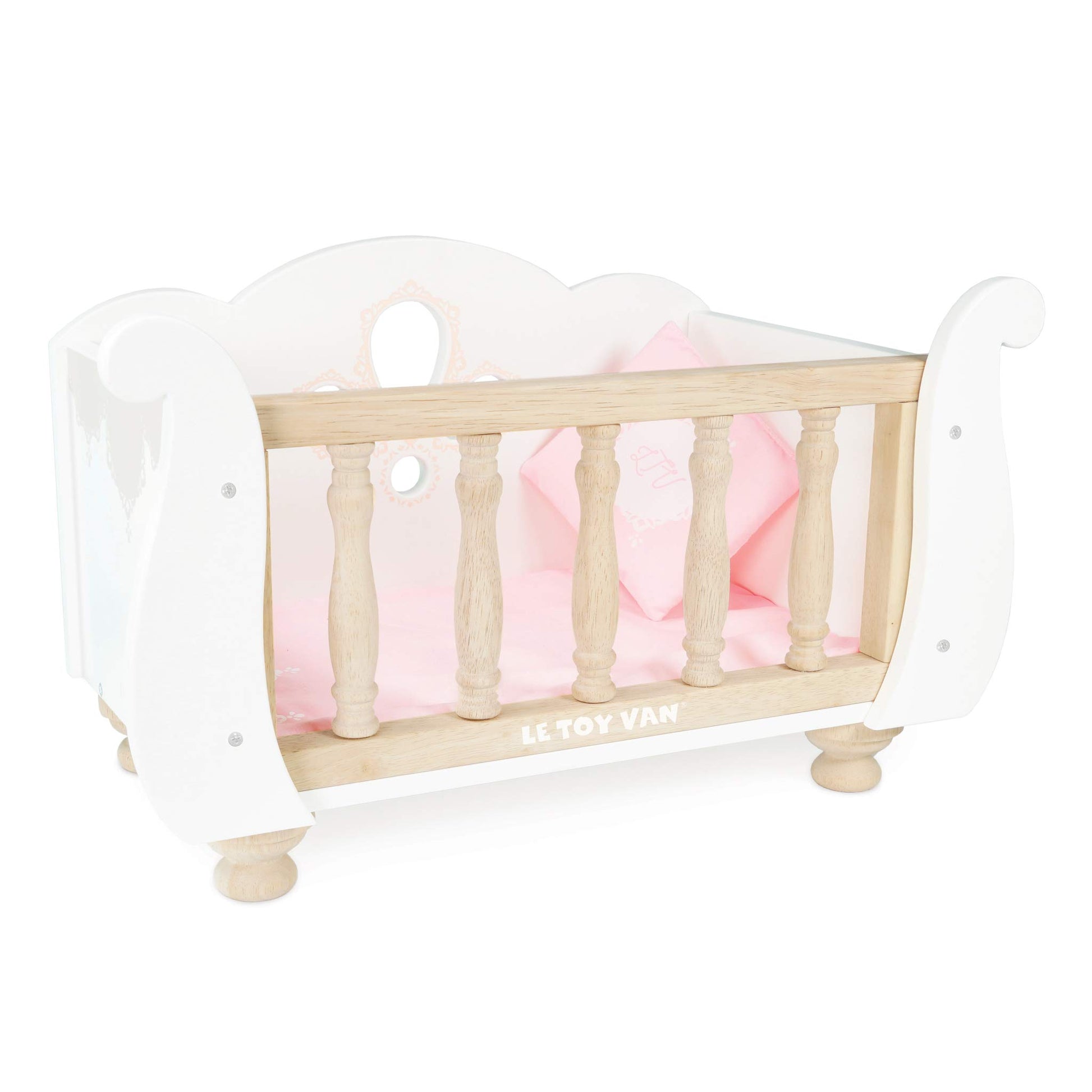 Le Toy Van - Educational Wooden Toy Role Play Beautiful Sleigh Doll Cot & Crib | Girls Pretend Play Toy Pram Playset - For Ages 3+