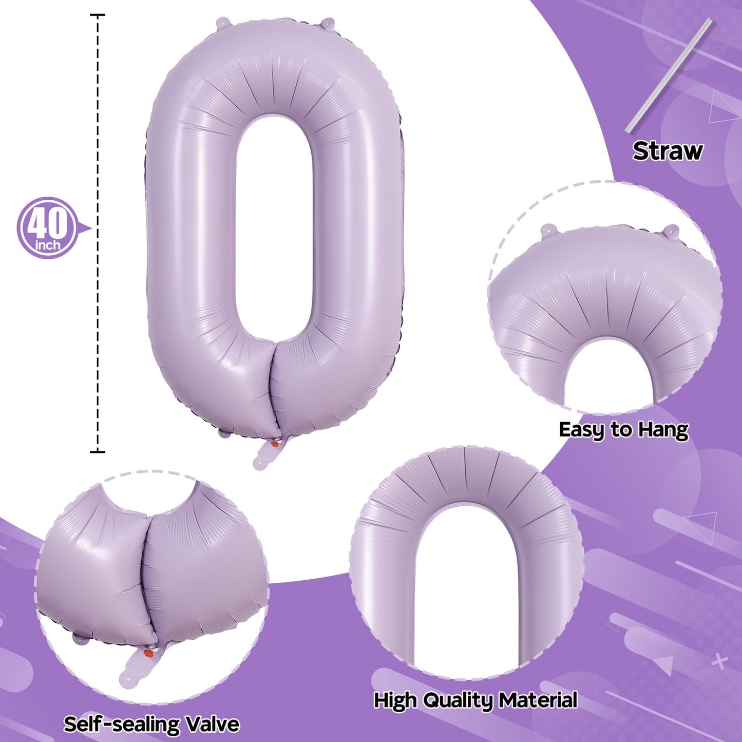 Pastel Purple Number 0 Balloons 40 Inch, Large Lilac Number Balloons 0-9 Set, Light Purple 0 Mylar Foil Balloon Numbers For Girl