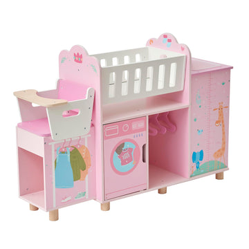 Olivia's Little World 6-in-1 Wooden Doll Nursery Station - Pink, Small, Model TD-13931A, Includes Cradle, High Chair, Storage, Washing Machine, Sink