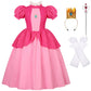 Hortyzon Girls Princess Dress Peach Costume Super Bros Kids Led Light Up Princess Dress For Deluxe Halloween Party Dress Up (3-4