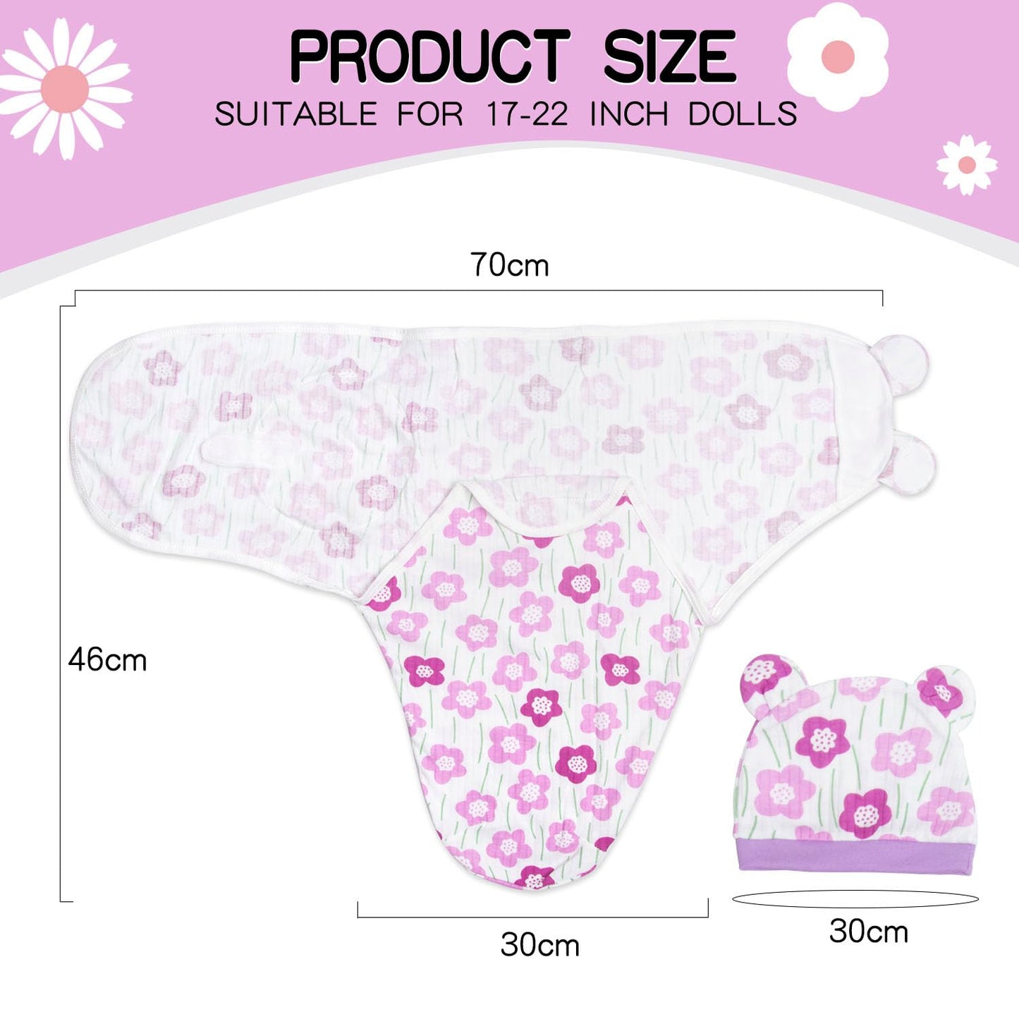 Baby Doll Swaddle Blanket Newborn Dolls Bath Blanket 2 Pcs with Blanket + Hat fit 17 - 22'' Reborn Dolls Clothes Accessories Set