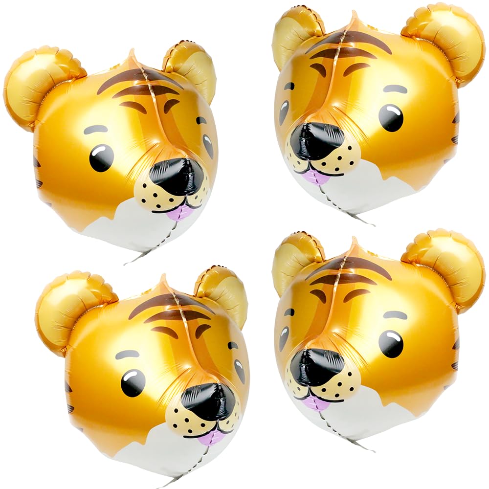 4D Wild Woodland Jungle Tiger Head Balloons Farm Zoo Safari Animal Tiger Balloons, 4 Pack 23'' Tiger Helium Mylar Foil Balloons