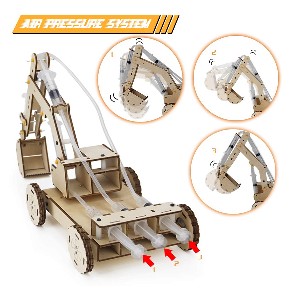 Mini Tudou 3D Wooden Construction Excavator Vehicle Toys Set, Stem Science Kit With Air Pressure System To Build A Wood Excavator Model Including 3 Replaceable Gripper & Digger For Kids Boys Girls
