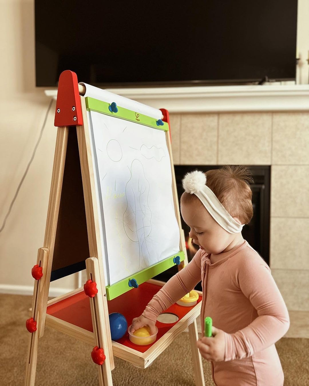 Hape Magnetic All-in-1 Kids Easel - Height Adjustable, Wooden, Cream, 18.9x15.9x41.8 inch, Model E1010B, Includes 3
