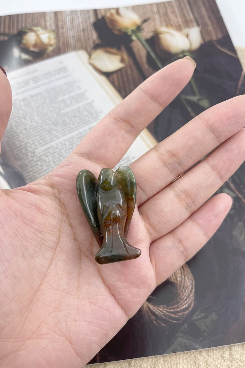 Ouubuuy Indian Agate Crystal Angel Figurines Statues 4 pcs Natural Gemstone Carved Pocket Guardian Angel 1.5 inch for Healing Re