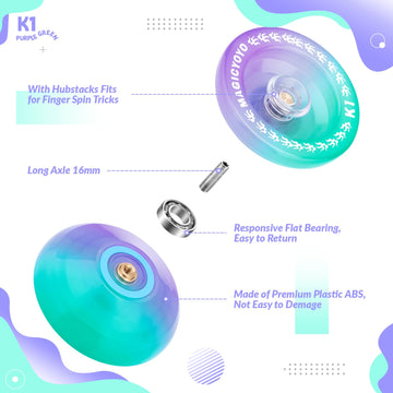K1 Responsive Yoyo Pro, Trick Yo-Yo For Kids Beginners, Durable Plastic Yoyo With 12 Yo Yo Strings +2 Hubstacks + Yoyo Case Bag + Yo-Yo Glove (Green Purple)