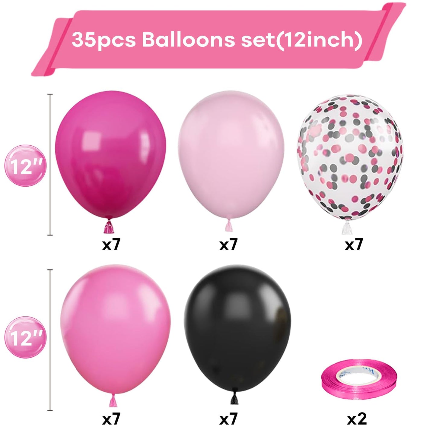 Pink And Black Balloons, 12 Inch Hot Pink Pastel Pink Black Balloon With Black Pink Confetti Balloons For Girls Women Birthday B