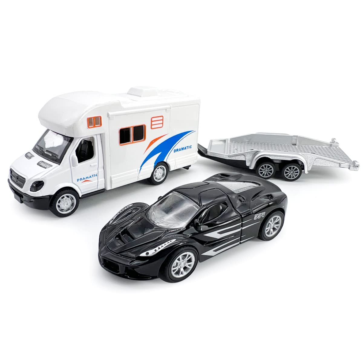 Toy Camper RV Trailer Towing Supercar Sports Model Car Diecast Motorhome Toys for Boys Pull Back Toy Cars, Beach Sandbox Outdoor