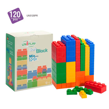 Uniplay Mix Soft Building Blocks - 120-Piece Set For Infant Early Learning, Cognitive Development, And Toddler Creative Play - Ages 3 Months+