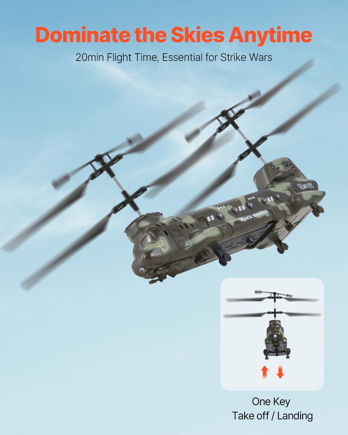 VEVOR RC Helicopter, 2.4GHz Military Remote Control Helicopter, 3.5 Channel RC Airplane for Kid, 20 Mins Flight Time, One-Key Ta