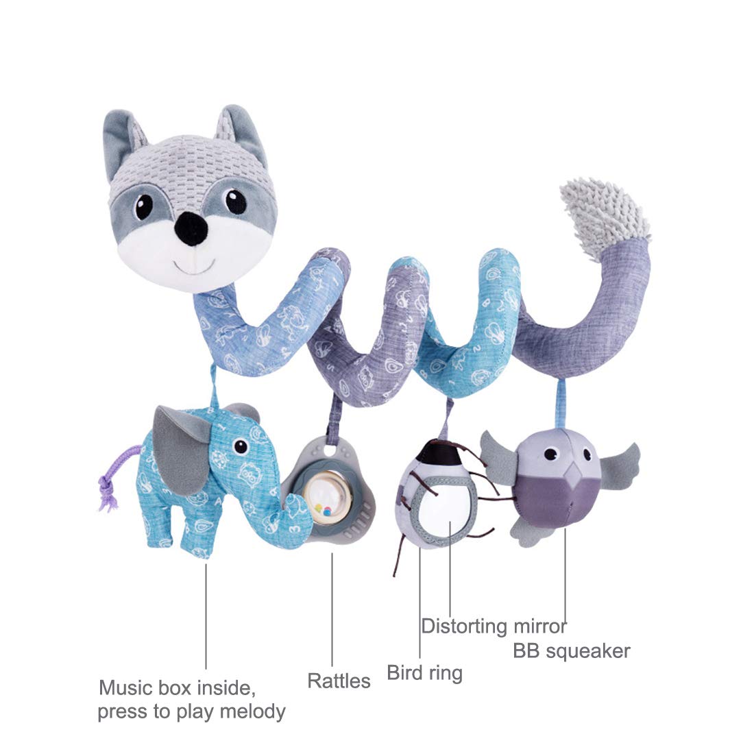 ORZIZRO Baby Plush Spiral Hanging Toys - Medium Gray, Musical Owl & Squeaker Elephant for Stroller, Crib, Car Seat & Bassinet