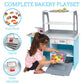Wooden Bakery Playset Pretend Stand for Kids - 25 Piece Bake Shop Counter w Food, Chalkboard, Cash Register, Trays - Durable Con