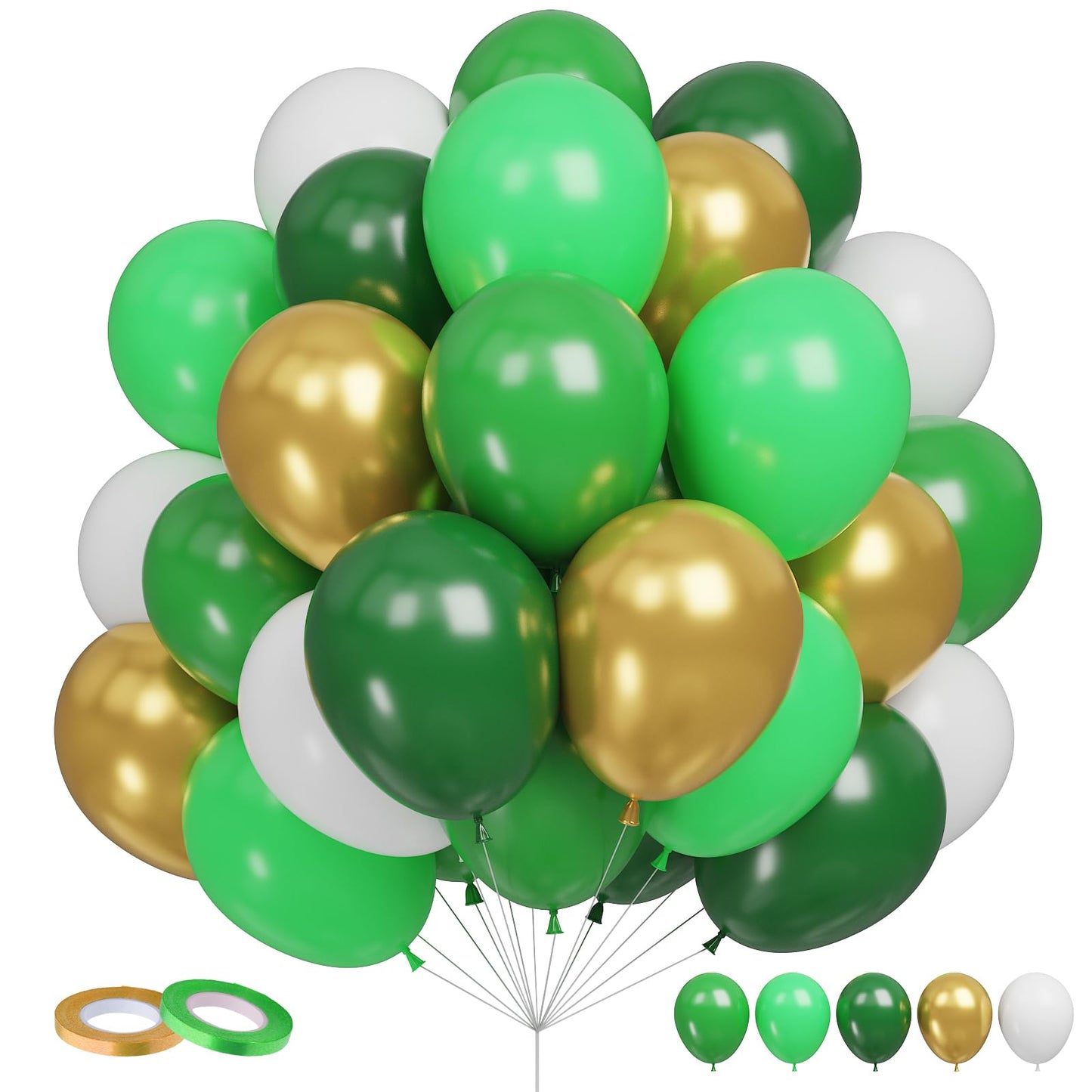 Funhot Green Balloons Set, 60 Pcs Green Gold White Balloons, 12 Inch Dark Green Emerald Green Lime Green Metallic Gold Latex Bal