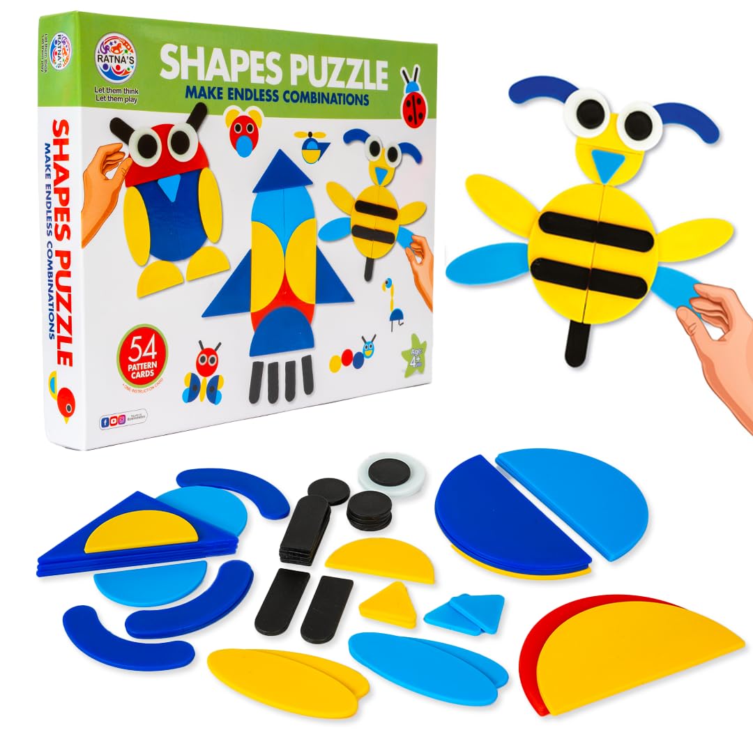 RatnaS Shapes Puzzle Educational Toy, 54 Pattern Challenge Cards, Creative Building Game For Kids 4+ Years